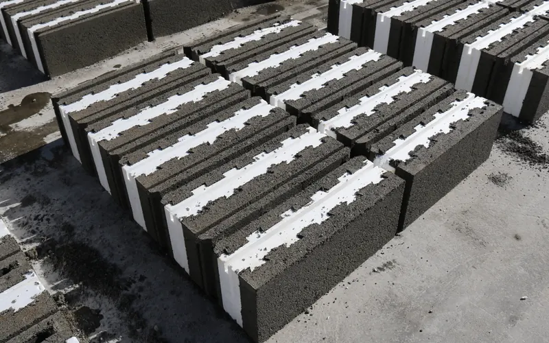 Blocks Teravlock apilados en planta con el núcleo aislante visible