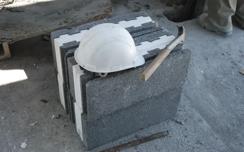 Casco sobre una tarima de Teravlock en obra