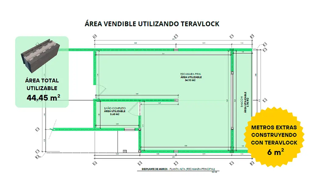 Plano de planta con Teravlock: área total utilizable de 44.45 m², 6 m² extra frente al doble muro