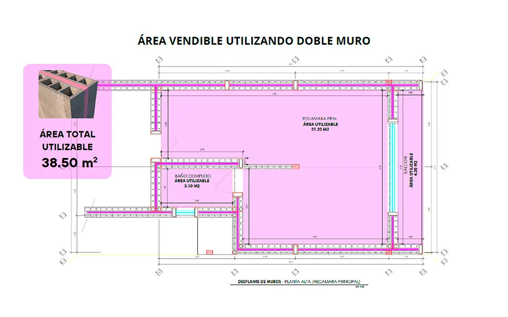 Plano de planta con doble muro: área total utilizable de 38.50 m² entre recámara principal, baño y balcón